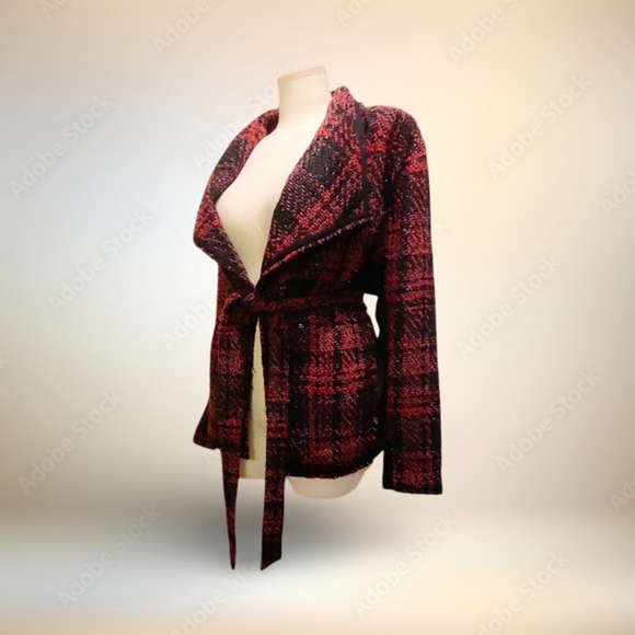 Lane Bryant Jackets & Blazers - Lane Bryant Red and Black Plaid Wraparound Belted Jacket With Holiday Sparkle